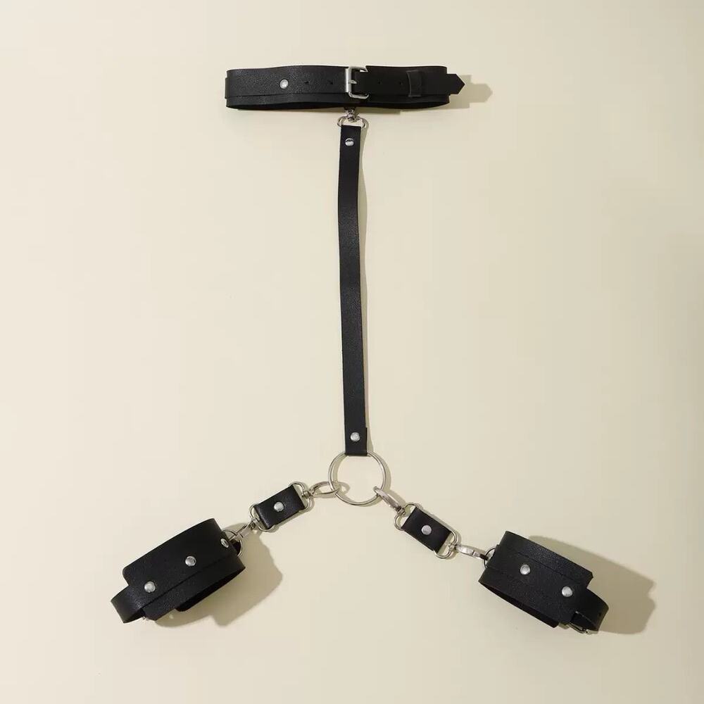 Punk Goth Adjustable Leather Collar to Cuff Restraint Set